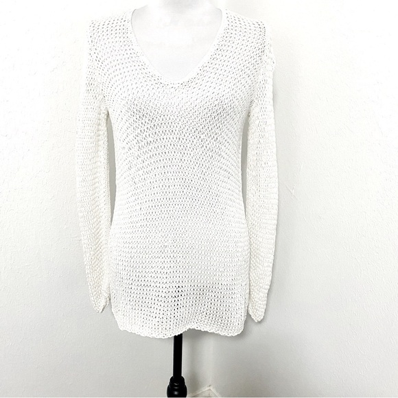 J. Jill Sweater Women Med White Mercerized Cotton Open Knit V-Neck  Cover Up EUC - Picture 1 of 8